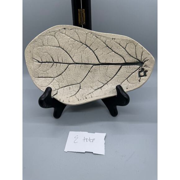No brand Other - Signed Leaf Pottery Tray Trinket Dish Handmade Pressed White Black Vein Footed